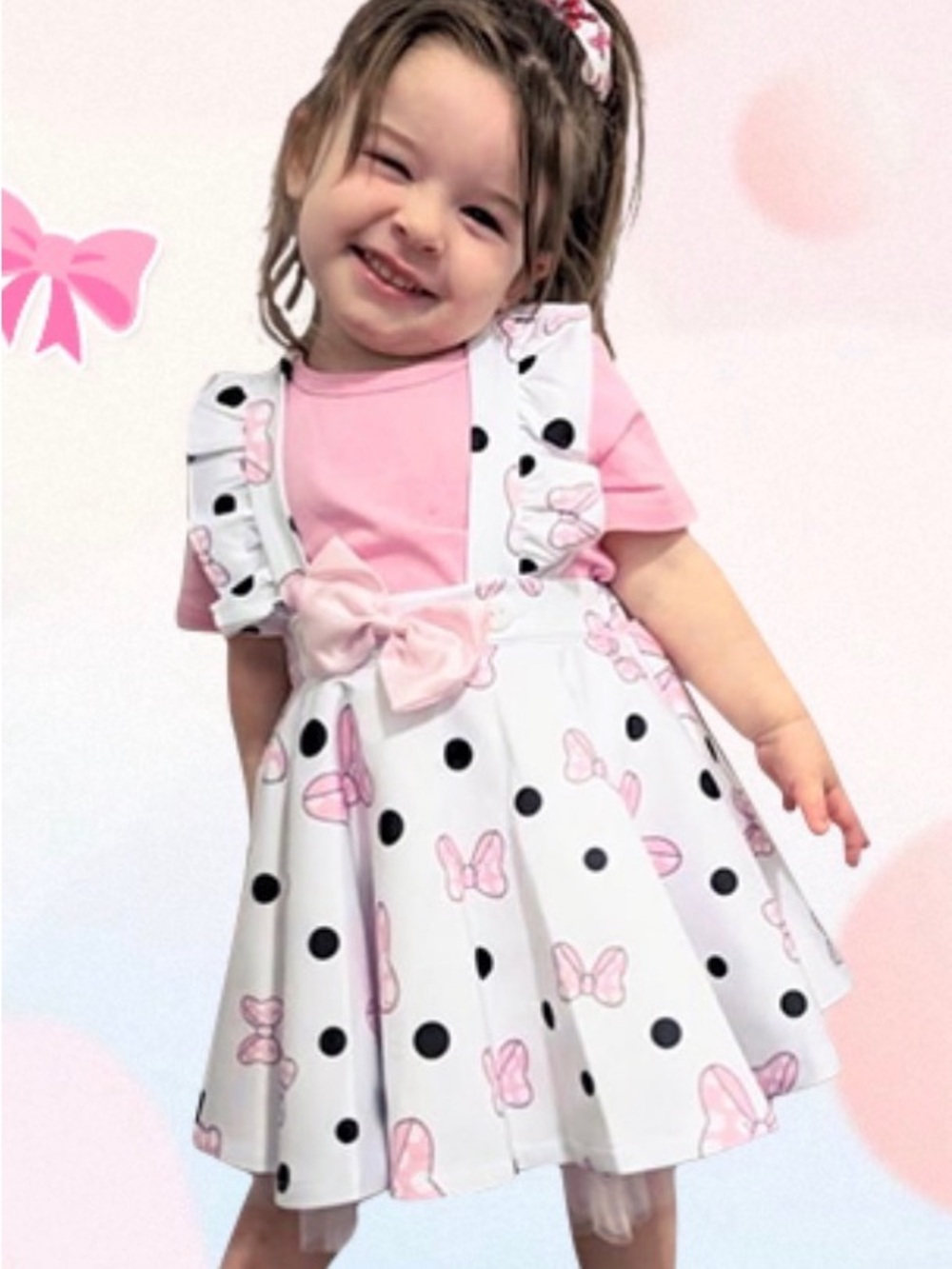 Pink & White Polka Dot Bow Minnie Mouse Pinafore Dress for Kids